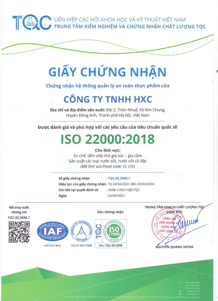 Chứng nhận ISO 22000:2018 cho xưởng 2